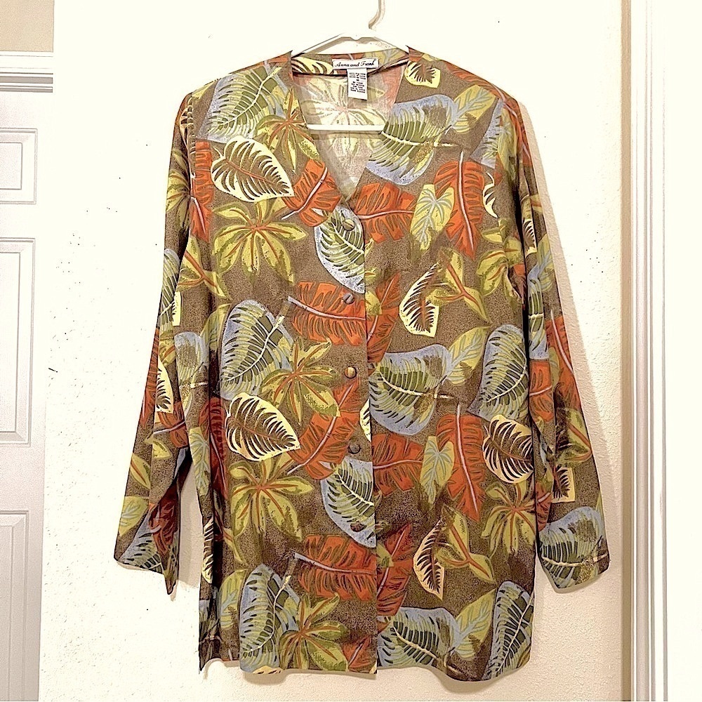 VTG 80’ ANNA AND FRANK Silk Tropical Palm leaves tunic blouse womens size M